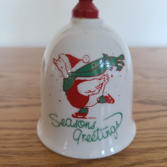 Vintage Giftco Christmas Porcelain "Seasons Greetings" Dinner Bell Skating Goose - Picture 3 of 10